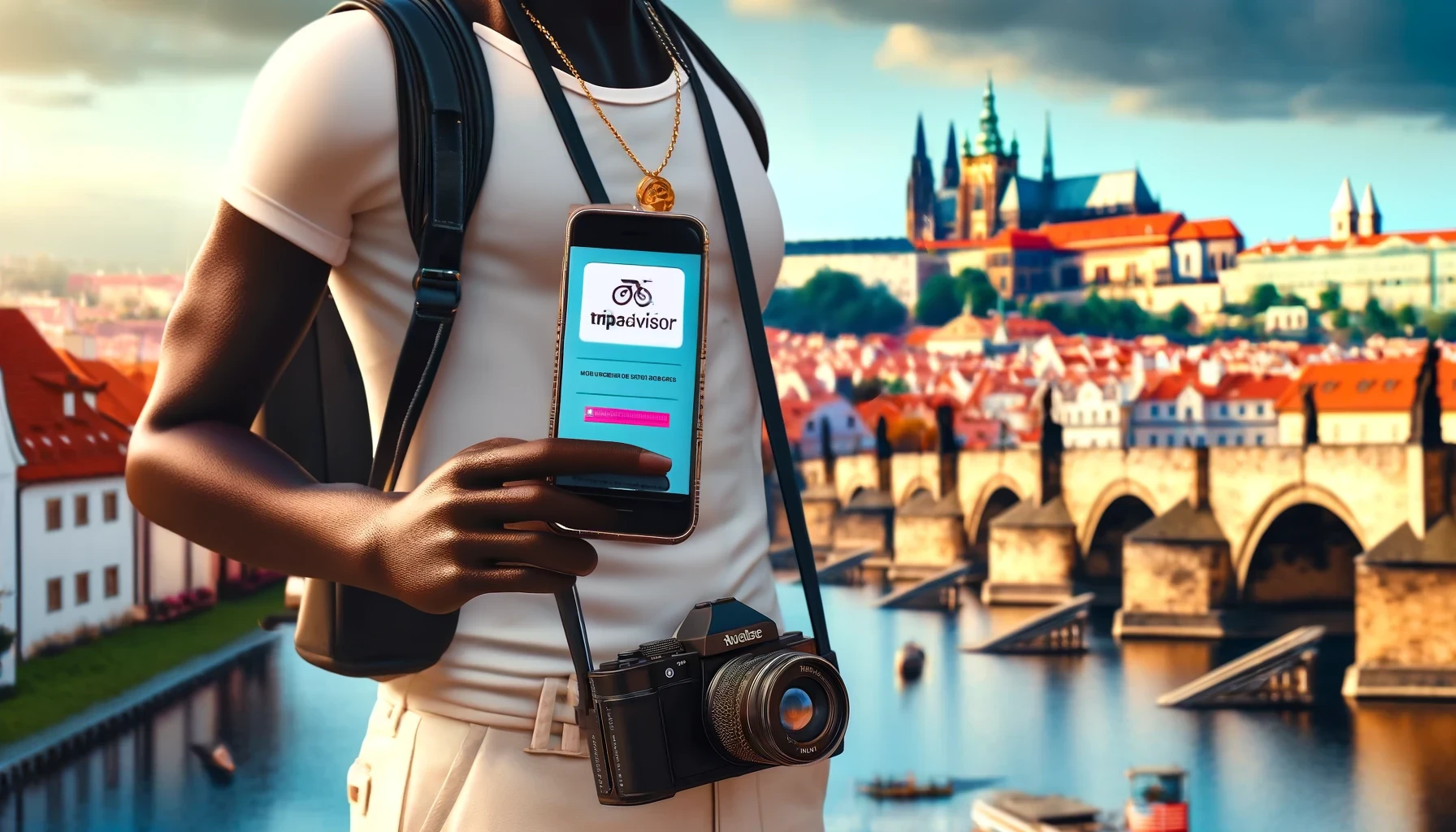 Do I need a local SIM card in Prague, Czech Republic? 1 guy with local sim card highly realistic image outdoor scene in Prague with Charles Bridge and Prague Castle clearly visible in the background
